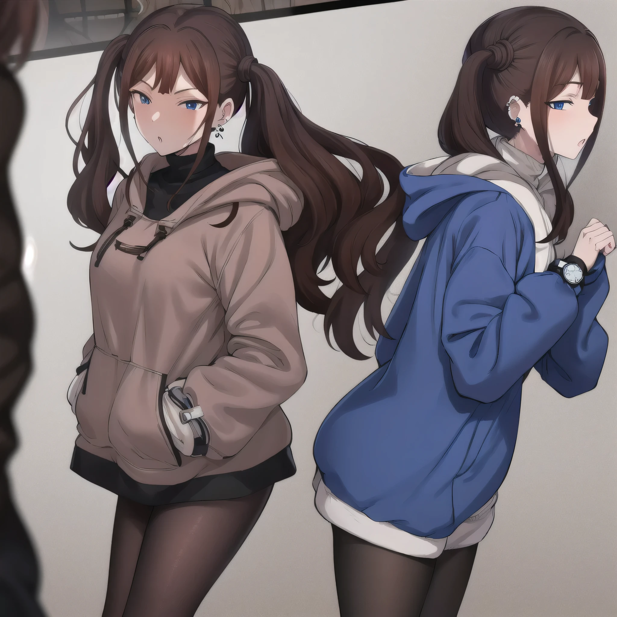 Tsubame NTR, long hair, blue eyes, brown hair, twin tails,
long sleeves, jewelry, pantyhose, earrings, hood, black pantyhose, hoodie, hooded down jacket, ear piercings, watch, blue hoodie,
coat, brown coat, turtleneck,