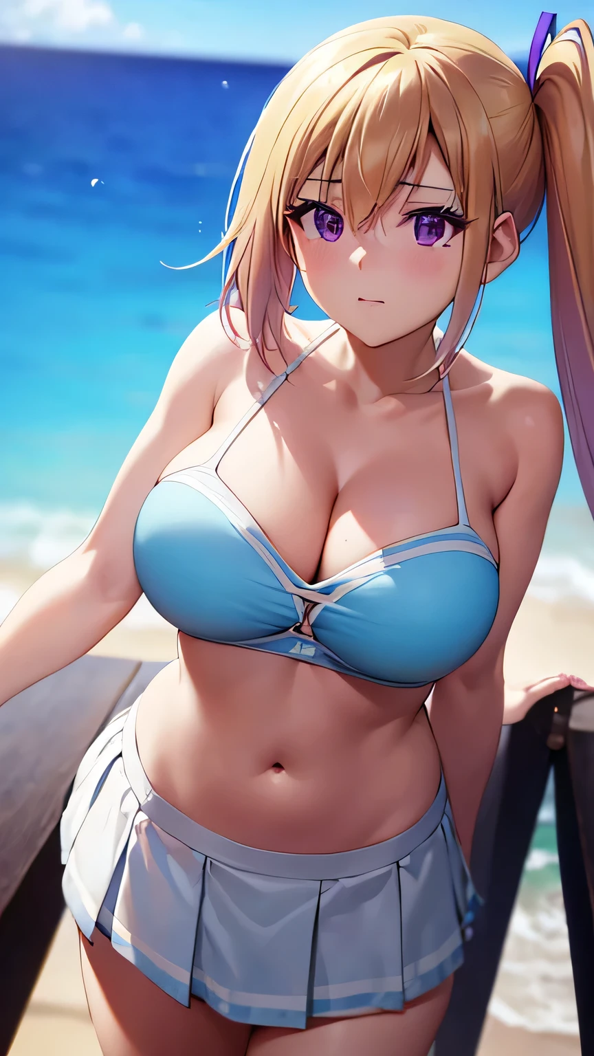 Perfect composition,masterpiece, (Highest quality), Adult women, bionde, Hair length, Side Ponytail, Purple eyes,sweater, skirt,Huge Cleavage,Sexy woman, Embarrassing,blush, Bright colors,,Natural soft light,RTTX 10.0, (Detailed face:1.2), Showcase, (Perfect Eyes:1.1) ,(Photorealistic:1.1), 8k Ultra HD, Look at the viewers, Seaside, beach, Simple Background,(Cleavage:1.4),Tremendously large bust,Huge bust,(throw,Close-up shot:1.2),From the top of the head to the waist,