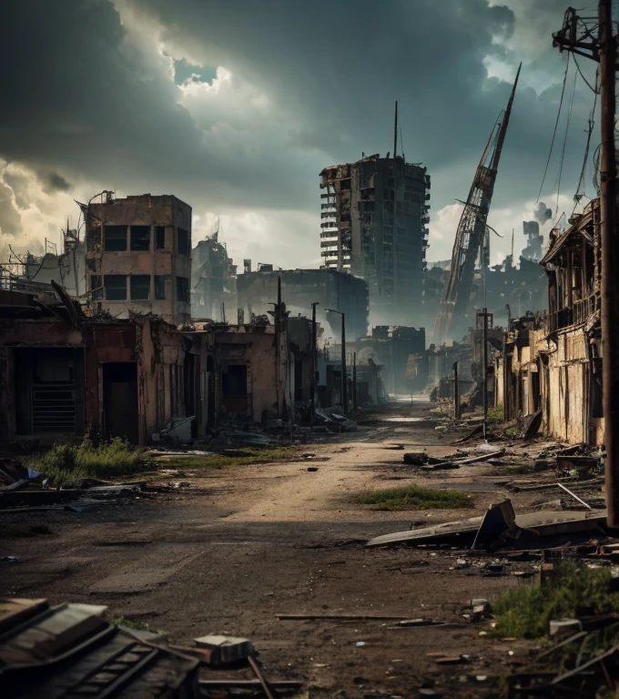 a ruined city in a post-apocalyptic landscape, Postapocalyptic, fallout 4, futuristic architecture, Crumbling buildings, overgrown with nature, abandoned, abandoned, dystopian, cinematic lighting, dramatic lighting, cloudy sky, sandy, detailed, intricate, masterpiece, 8k, photorealistic