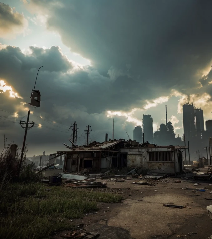 a ruined city in a post-apocalyptic landscape, Postapocalyptic, fallout 4, futuristic architecture, Crumbling buildings, overgrown with nature, abandoned, abandoned, dystopian, cinematic lighting, dramatic lighting, cloudy sky, sandy, detailed, intricate, masterpiece, 8k, photorealistic
