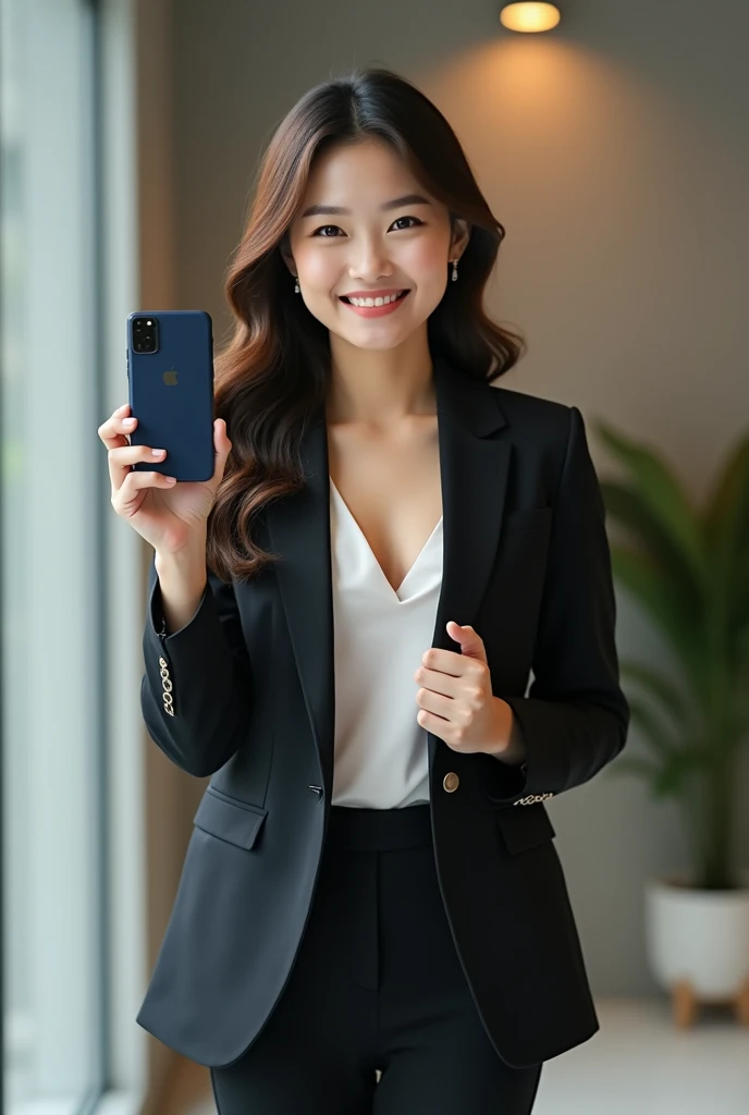 Create an image of an 18-year-old Asian businesswoman, standing and holding a smartphone for sale in her hand. She is smiling with a cute and charming face. The image is full-body, and she is dressed in a stylish blazer that is slightly revealing. The overall appearance is youthful and successful.