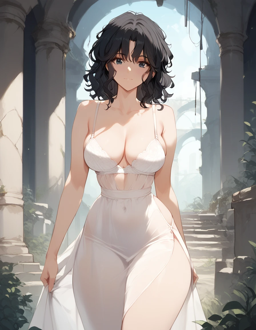 (((masterpiece, ultra-detailed))), nsfw, ((white backless dress)), (translucent dress : 0.4), White bra, standing, kaoru tanamachi, black eyes, black hair, messy hair, thick thighs, big butt, big breasts, small waist, ruins
