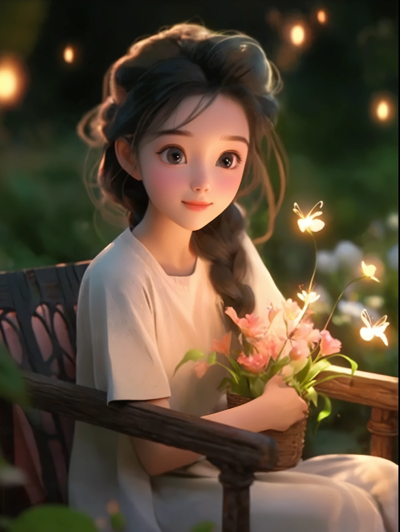 One girl is sitting on a bench，Close-up of hand holding a flower, Artie Guerin 8K, Popular on cgstation, artwork in the style of Gu Weiss, cute的数字艺术, 🌺 CG Society, Gu Weiss, cute细致的数字艺术, Dōjin works, Beautiful soft lighting, Beautiful digital artwork, 8K)), cute的数字, cute