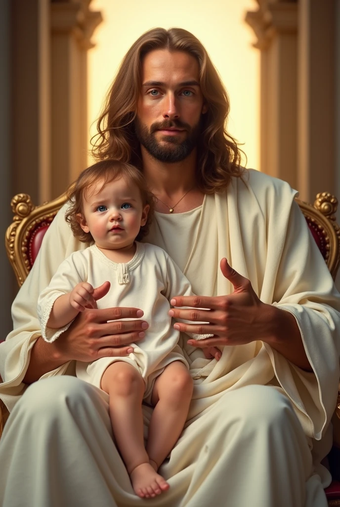 Perfect hand 5 finger, Portrait of a handsome Jesus Christ carrying baby Jesus Christ. wearing white clothes shining the light from his head and heart all over. Sitting in the throne of the palace, handsome Jesus Christ and baby Jesus Christ, real blue eyes, sunny day, intricate details.real handsome Jesus Christ and baby Jesus Christ, straight head face, Straight body.Prayer handsome Jesus Christ and baby Jesus Christ, perfect full body, perfect hands finger,Prayer handsome Jesus Christ and baby Jesus Christ, praying handsome Jesus Christ and baby Jesus Christ backgrounds natural photographic