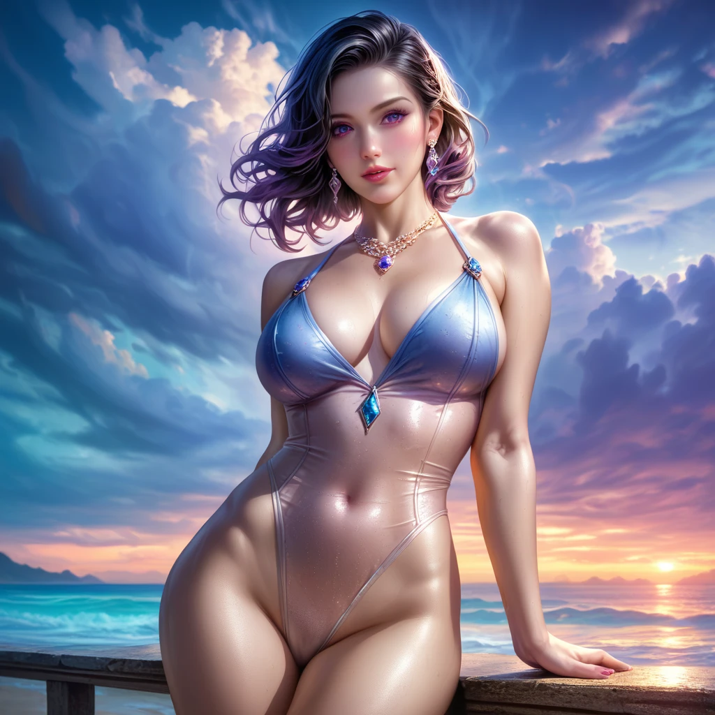 score_9, score_8_superior, score_7_superior, A masterpiece in 32K resolution,Highest quality,it is really amazing,Very detailed,Ultra-high resolution,Ultra-realistic,Realistic,Increased depth of field,Cinematic lighting,
Elegant mature Japanese woman,
black straight medium hair,Ultra-detailed and beautiful face,Calm expression,Translucent white skin,Realistic skin texture,Great proportions,
Sexy high leg dress swimsuit,
Luxurious design,Chic color patterns,Beautifully detailed decoration,Detailed fabric texture,
Gorgeous necklace,Earrings,
Dark skies before the storm,Dark clouds covering the dark sky,Thunderclouds rolling in,Coastline at night,Stormy seas,delay々A desolate sandy beach that continues,
Dramatic Angle,Beautiful back view,