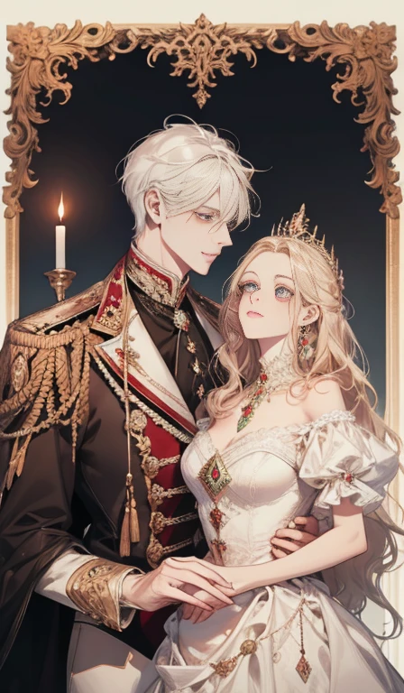fantasia, 19th-century, empress, mulher, rosto delicado, cabelo longo castanho claro, olhos azuis, em um vestido real branco com ombros abertos, gold patterns on fabric, crystal jewelry, com uma fita escarlate no ombro com os trajes do monarca, Gothic castle made of white stone in the background, luz, dia, High definition