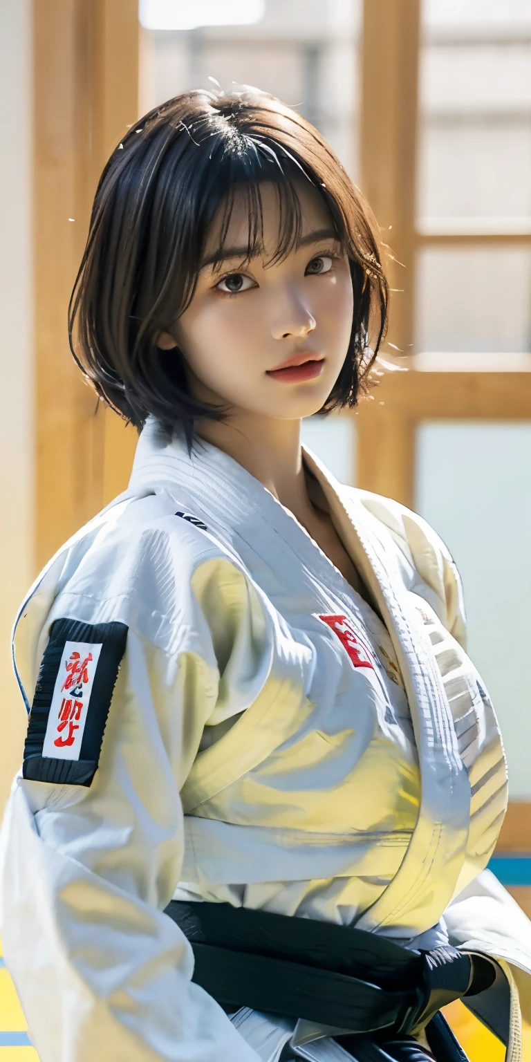 Realistic、Highest quality、Highest quality、masterpiece、Ultra-high resolution、RAW Photos、Realistic、Bright lighting、Face Light、Smooth Professional Lighting、Looking into the camera、alone、Adult female、Beautiful woman、Super Beauty、Realistic肌、Moisturized Skin、Realistic eyes and faces、Perfect model body shape、Beautiful Eyes、Big eyes、Inconspicuous tear bags、slim、Big Breasts、Very good、No makeup、Beautiful fingers、Very short hair、Black Hair、black eye、seems to be happy、(Both ears are hidden by hair)、(((真っ白な白いjudo着、Black belt)))、dojo、judo、