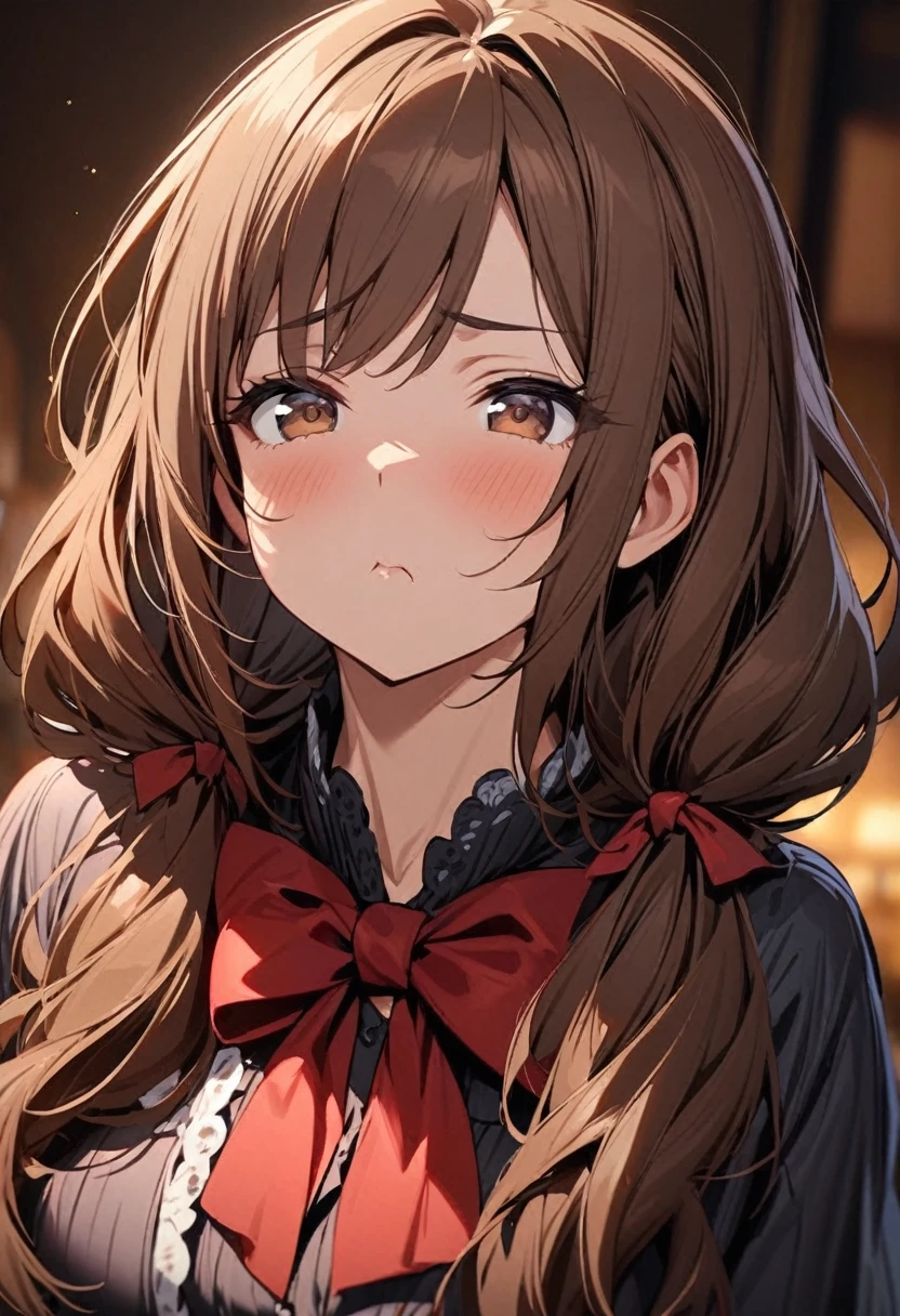 Solo, 1girl, Long Hair, brown hair, brown eyes, mature, high detail, low twin tails, red bow, high detail, beautiful eyes, beautiful color,  cute, pouting mouth