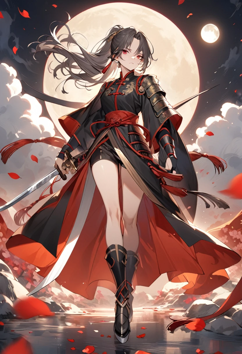 vagabond , long silver pony tail hair , red eyes , gold adornments, full body, chinese martial arts armor, long sword, petals in background with moon, female waifu