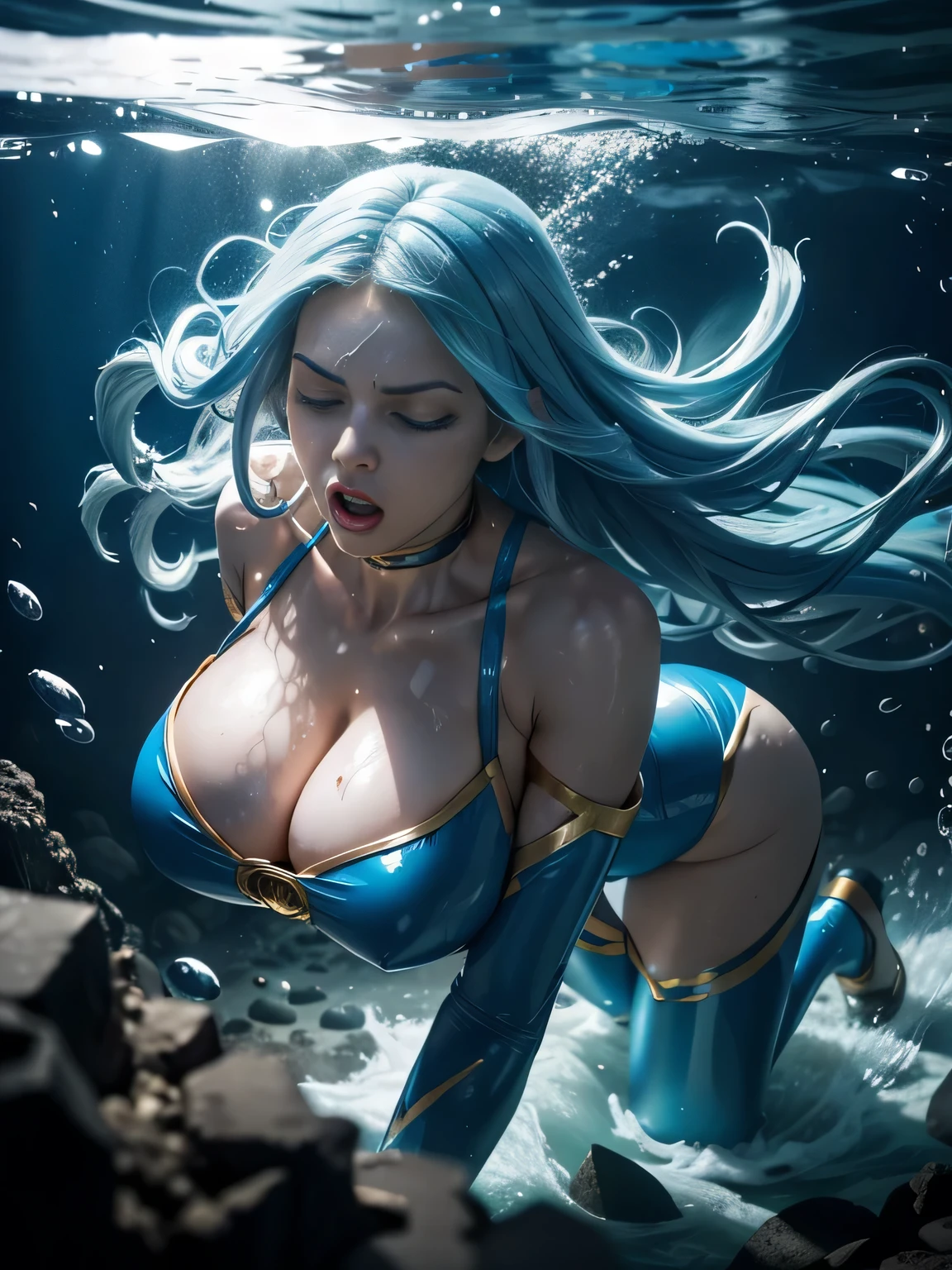 superheroine, long long gorgeous light blue hair, slender body, latex, leotard, blue and white costume, (crushed), over dark water, ((heavy water)), dark undersea distorted, cruelly, (painful), helpless, (screaming in pain), eyes closed, holding on, crouching, gritting teeth, squirming, suffering, (lying face down), ((chest pressing to ground)), hair swaying in water, in deep undeasea, bottom of sea