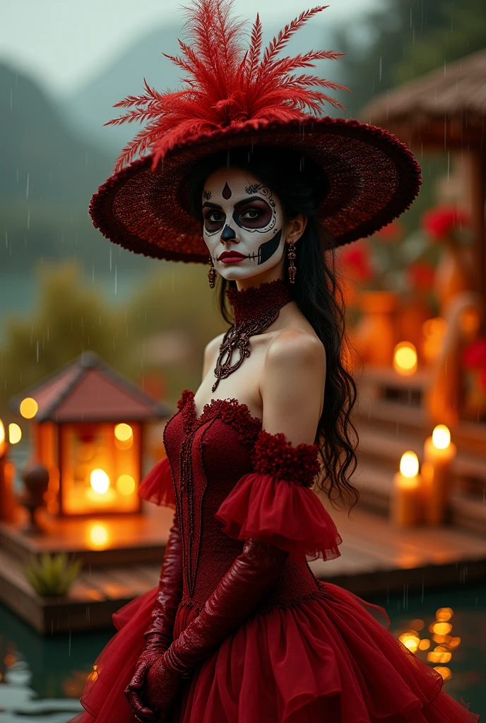 Hiperrealistic cinematic poster of a woman wearing a red gothic vintage dress and a vintage hat adorned with ostrich feathers, standing in front of a Day of the Dead ofrenda with sugar skull. The scene is illuminated with orange-tinted lighting, creating a warm and mystical atmosphere. The woman has traditional Catrina makeup, blending elegance with cultural heritage. Behind her, there is a natural lagoon surrounded by natural wood and  behind the wood in the landscape mountains beside the lagoon of xochimilco with lands and mountains , with a bokeh effect in the background. Soft raindrops fall, gently illuminated by the candlelight in the background. The poster has a standard cinematic size of 24x36 inches. Ultra-detailed, 4K resolution." 4k, hyperrealistic, cinematic lighting, vintage fashion, Day of the Dead, Catrina makeup, orange lighting, bokeh