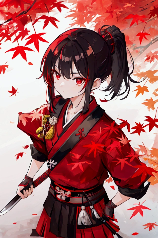 Red autumn leaves、samurai、knife、Black Ponytail、Red Eyes、Middle school students、boy、youth