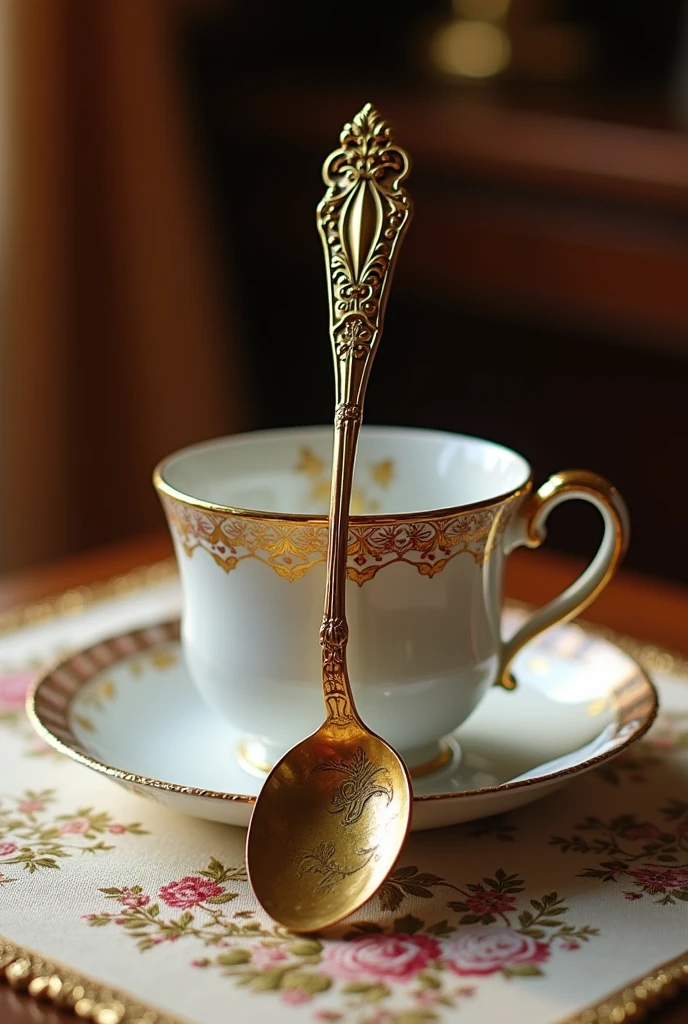 A luxurious tea spoon and tea cup as the main focus, elegantly displayed in a refined and aristocratic setting. The tea spoon features intricate, ornate designs along its handle, exuding a sense of sophistication and grace. The tea cup is crafted with delicate porcelain, adorned with intricate patterns and a touch of gold trim. Both the spoon and cup are placed on an antique table with a beautifully embroidered tablecloth, surrounded by soft, warm lighting. The overall scene conveys a sense of high-class luxury and timeless elegance.