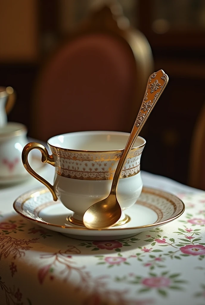 A luxurious tea spoon and tea cup as the main focus, elegantly displayed in a refined and aristocratic setting. The tea spoon features intricate, ornate designs along its handle, exuding a sense of sophistication and grace. The tea cup is crafted with delicate porcelain, adorned with intricate patterns and a touch of gold trim. Both the spoon and cup are placed on an antique table with a beautifully embroidered tablecloth, surrounded by soft, warm lighting. The overall scene conveys a sense of high-class luxury and timeless elegance.