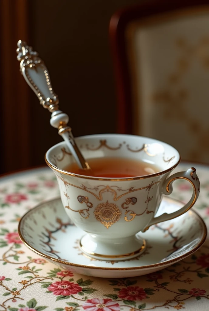 A luxurious tea spoon and tea cup as the main focus, elegantly displayed in a refined and aristocratic setting. The tea spoon features intricate, ornate designs along its handle, exuding a sense of sophistication and grace. The tea cup is crafted with delicate porcelain, adorned with intricate patterns and a touch of gold trim. Both the spoon and cup are placed on an antique table with a beautifully embroidered tablecloth, surrounded by soft, warm lighting. The overall scene conveys a sense of high-class luxury and timeless elegance.