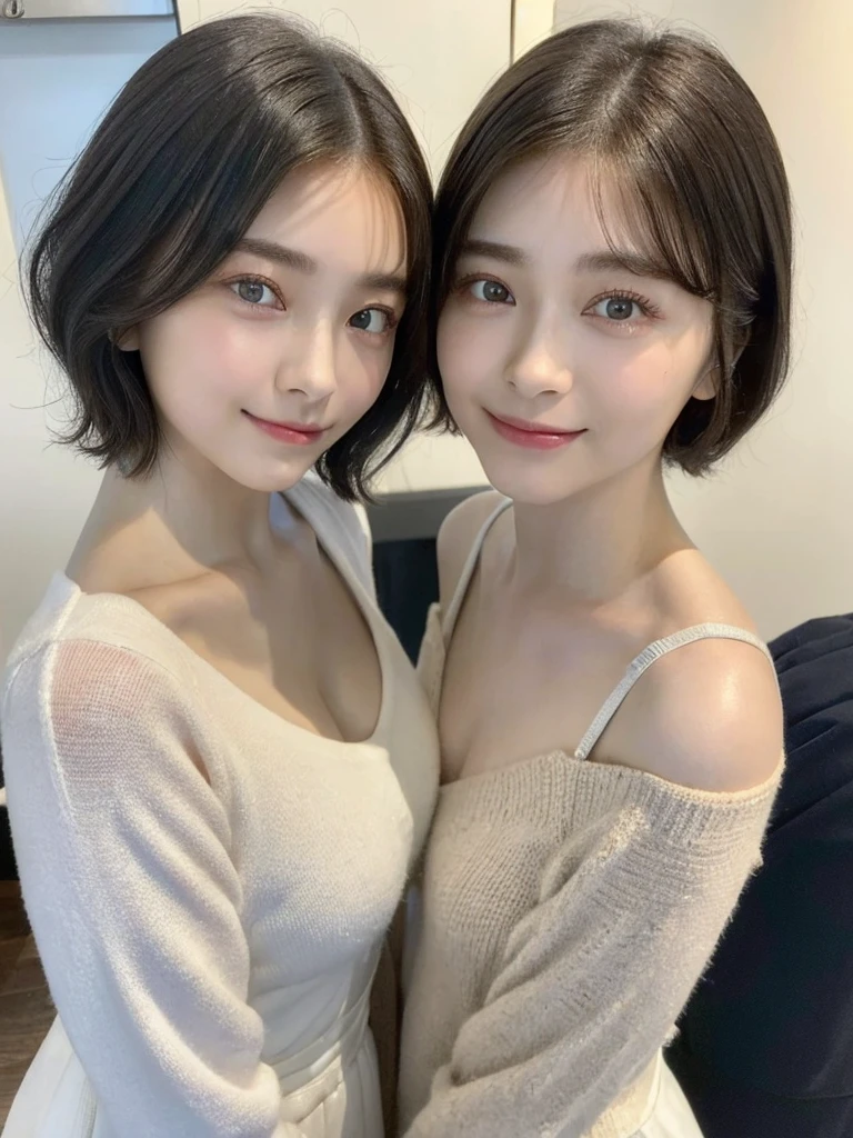 (masterpiece:1.3), (8k, Photoreal, Raw photo, best image quality: 1.4), Japanese high school girl、(random hairstyle:1.2)、cleavage:1.5、super detail face、eye for details、double eyelid、chest to chest、sharp focus:1.2、Beautiful woman:1.4、light brown hair、highest quality、masterpiece、超A high resolution、(Photoreal:1.4)、Highly detailed and professionally lit smiles、loose and light knitwear、shoulder out、thin、serious expression、short haired、deadly position
similar identical twins
All the girls have the exact same face, The two have the same face and figure, as if they were mirror images.