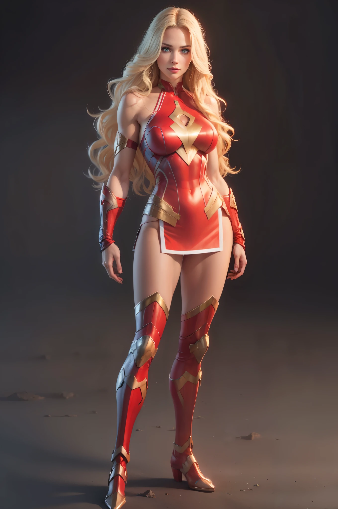 full body woman, blonde long wavy hair, blue eyes, red mouth tall muscular body. Red outfit. Warrior/superhero. standing straight, octane render photorealistic. Cutesy face. Wholesome expression. White background