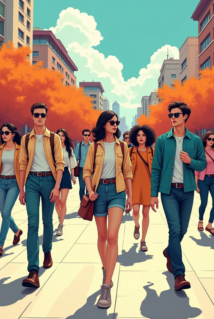 Draw people walking in manga style. Create many people in different directions.