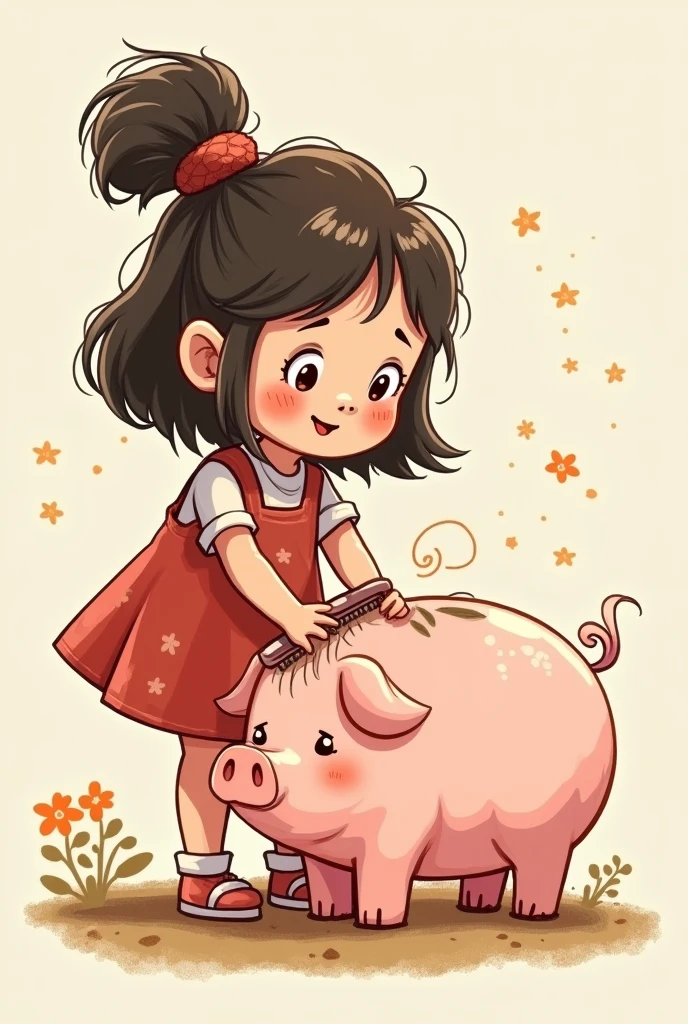 girl combing pig hair illustration
in doodle art