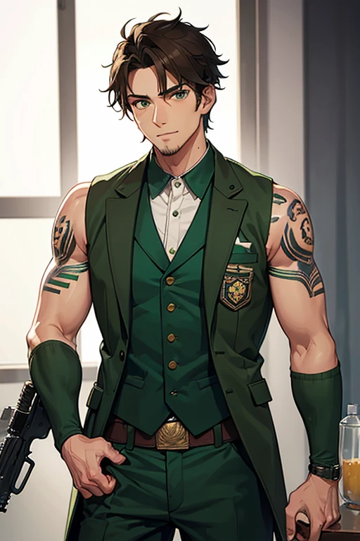 man in his 30s, Mexican, slim build, open muscles, military uniform, green vest, military print, green pants, Brown hair, military cut, green eyes, skin, tattoo, holding a gun