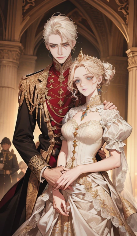 fantasia, 19th-century, empress, mulher, rosto delicado, cabelo loiro claro, olhos azuis, em um vestido real branco com ombros abertos, gold patterns on fabric, crystal jewelry, com uma fita escarlate no ombro com os trajes do monarca, Gothic castle made of white stone in the background, luz, dia, High definition