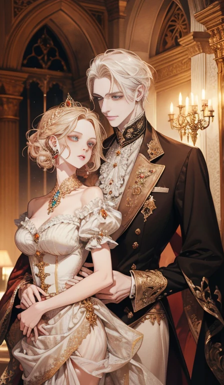 fantasia, 19th-century, empress, mulher, rosto delicado, cabelo loiro claro, olhos azuis, em um vestido real branco com ombros abertos, gold patterns on fabric, crystal jewelry, com uma fita escarlate no ombro com os trajes do monarca, Gothic castle made of white stone in the background, luz, dia, High definition