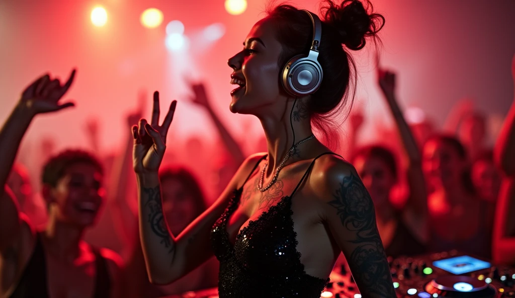 8k, a dancing beautiful asian cyborg with brown bun hair, ((DJ)), ((tattoos)), photography, portrait of gadis_jelita wearing black sequin flowy silk dress, red lipstick, silver DJ Headset, ((laughing)), excited, one hand on the air, detail, DJ table, cheering crowds in the club, in blurry background, soft focus, (masterpiece, sidelighting, finely detailed beautiful eyes: 1.2), bokeh, hdr