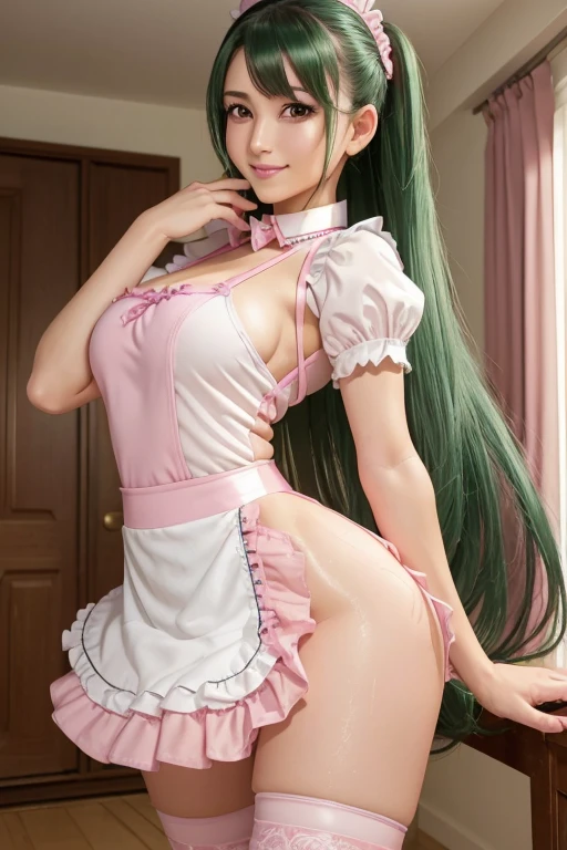 One Girl, Age 35, alone, ((long dark green hair 1.4)), ((Sweaty 1.5)),((Shiny skin 1.4)),((Thighs)), Brown eyes, ((Pink miniskirt maid outfit 1.5)),((Knee-high socks 1.4)),whole body, bangs, Realistic,((Small Breasts 1.2)), 4K, Highest quality, Slender beauty, Extremely clear images, 8k, Beautiful pose, Photo session、((Cute pink maid outfit))、smile、Straight hair,((Mansion Background))