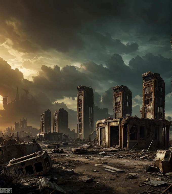 a ruined city in a post-apocalyptic landscape, Postapocalyptic, fallout 4, futuristic architecture, Crumbling buildings, overgrown with nature, abandoned, dystopian, cinematic lighting, dramatic lighting, vibrant atmosphere, cloudy sky, detailed, intricate, masterpiece, 8k, photorealistic