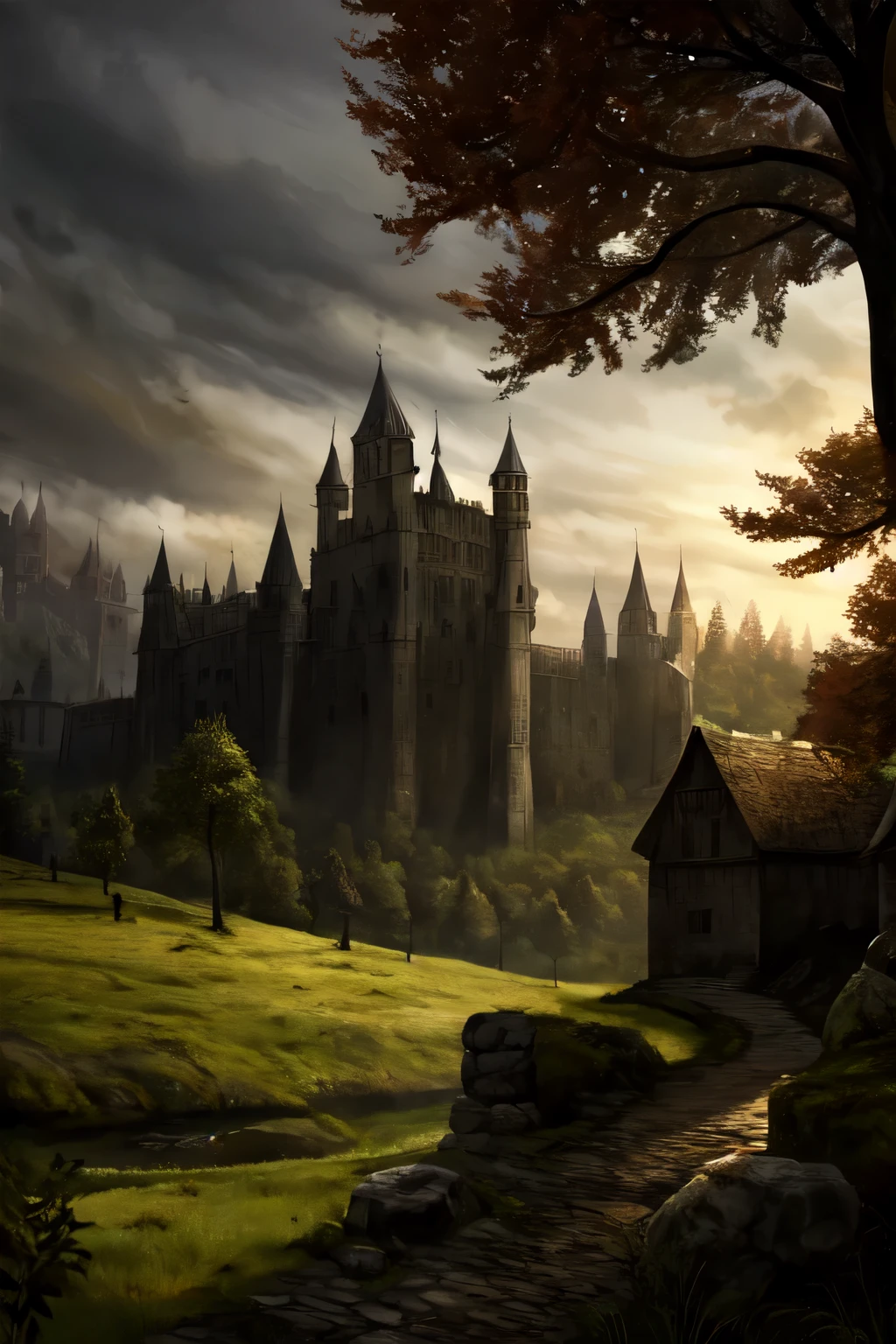 Dark and realistic medieval landscape in the darksouls style, with gray sky and environment, with leafy trees and shining leaves standing out in the landscape 