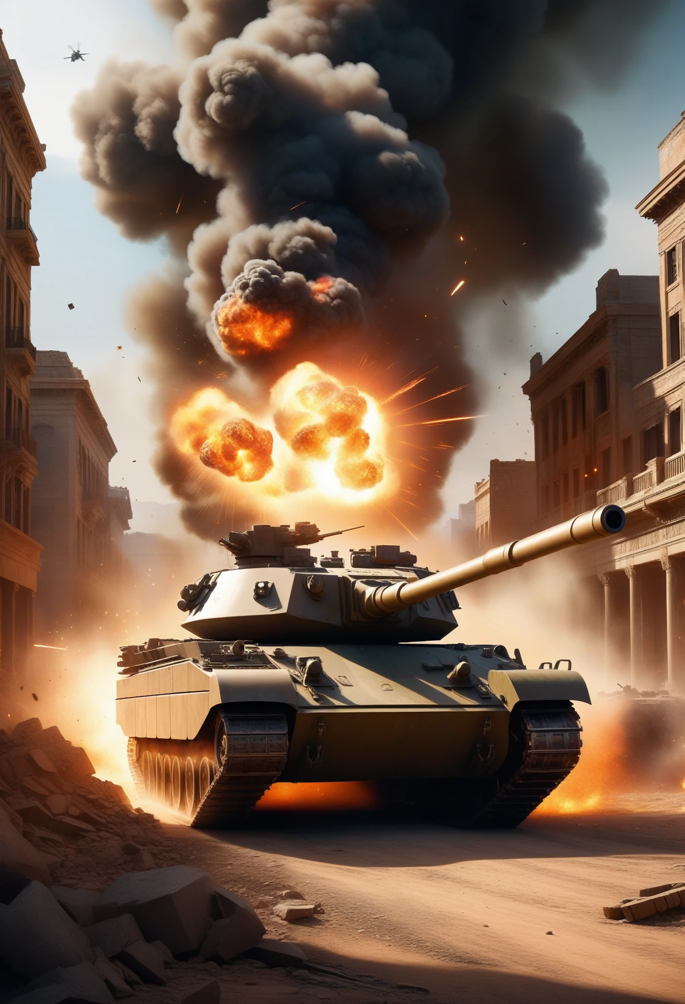 Masterpiece, Best Quality, Super Detailed, High Definition, HDR, Realistic, Depth, Fine Texture, Super Fine, Complete concentration, epic and powerful armored tank, futuristic design, heavy artillery, massive cannon, advanced armor plating, (detailed metal textures, battle-worn surfaces, scratches, and dents), glowing energy cores, massive tank treads crushing the ground, (dynamic battle scene, explosive background, smoke, and debris flying), flames and fire, chaotic warzone, tanks and soldiers in the distance, intense battlefield, (dust clouds, sparks, and shattered ground), bright muzzle flash from cannon firing, (vivid lighting effects, dramatic shadows), orange and red color schemes, war-torn landscape, ruined buildings, crumbling walls, realistic smoke and fire effects, (lens flare, motion blur, particles), cinematic light, ultradetailed, intricate details, ominous and tense atmosphere, powerful and destructive presence, unstoppable war machine, intense and fierce combat.