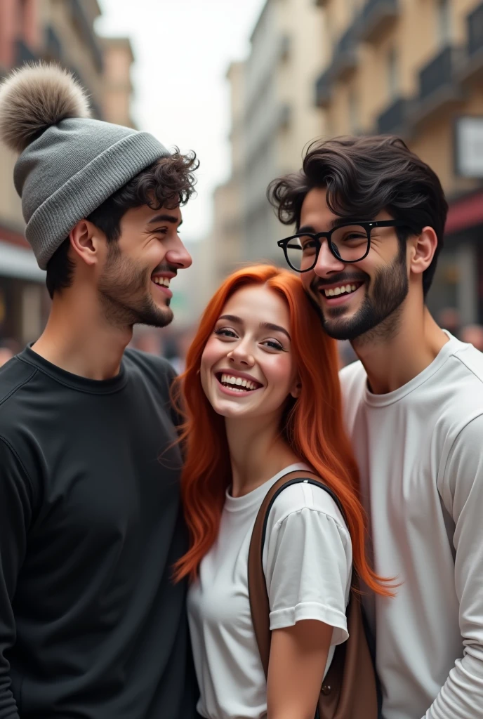 Group of 3 friends Young man with black sweatshirt and gray winter hat Young woman with long wavy red hair in white t-shirt And young man with white shirt and aviator glasses with straight black hair without beard 