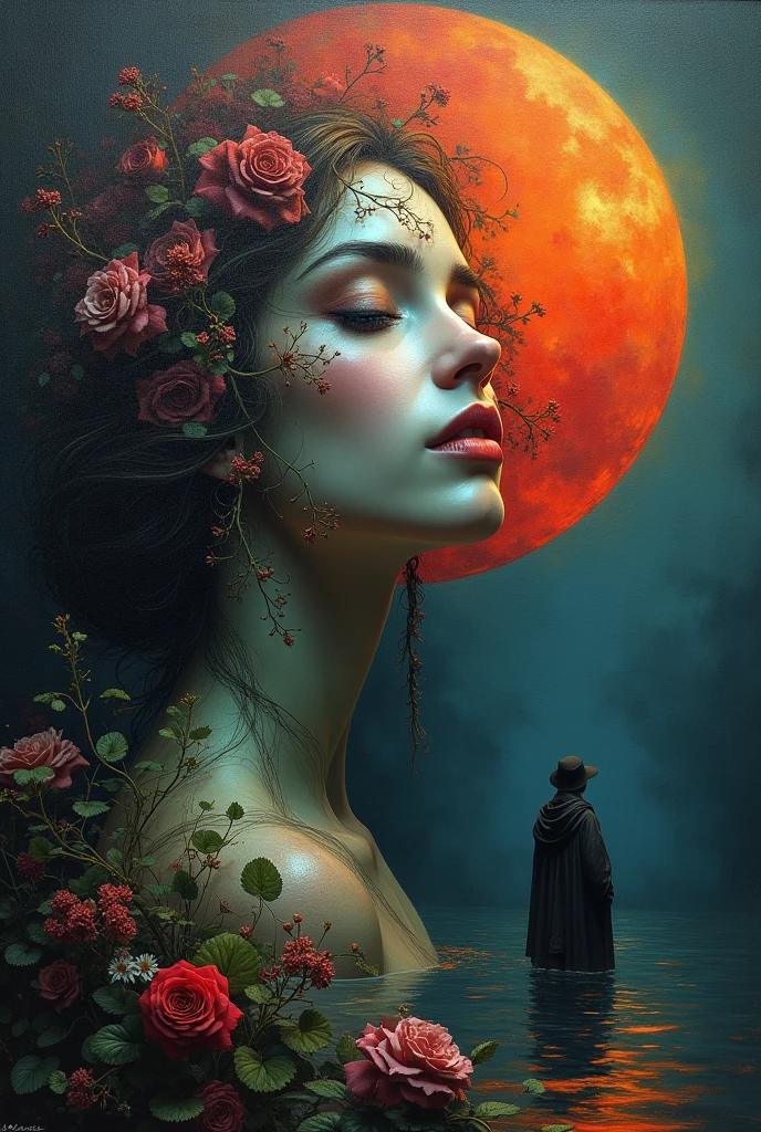 I am the last surrealist painting that exists on this planet, the last work of art that represents a beautiful woman full of hope wrapped in an unreal world full of strange things., The message I want to leave is that art once existed , real very real , 24k unique piece rule of thirds cinema lighting finishes like photoshop and colors of a work of art great depth of field difference of 3d planes