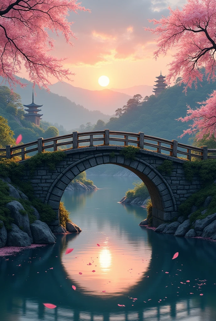 Old bridge in the Japanese countryside evening