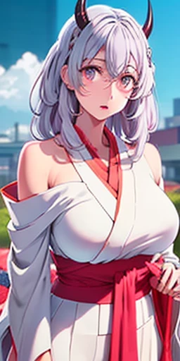 {{{best quality}}}, {{ultra-detailed}}, {illustration},{{{masterpiece}}}, japanese manga 「white suit woman」beautiful asian oni female warrior, wearing short fall off shoulders kimono , with thick curvy mature body yet muscular, long and voluminous white hair blown by the wind, 2 long oni horns, reddish fair skin , perfect face features expressive eyes , thick lips