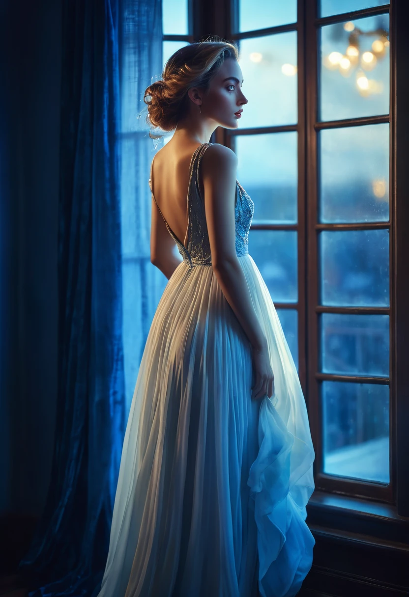arafed woman in a dress standing in front of a window, a picture by Marie Bashkirtseff, shutterstock, romanticism, half-turned lady in evening gown, flowing gown, wearing a flowing dress, mysterious woman, haunting beautiful young woman, wearing a white flowing dress, flowing dress, woman in dress, extremely moody blue lighting, miss aniela