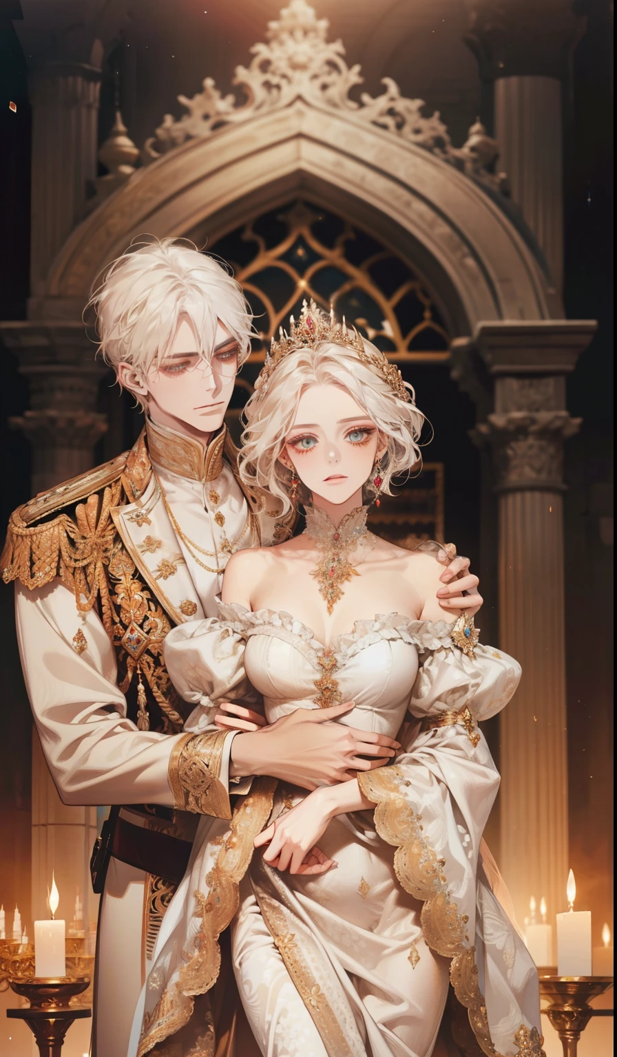 fantasia, 19th-century, empress, mulher, rosto delicado, cabelo longo castanho claro, olhos azuis, em um vestido real branco com ombros abertos, gold patterns on fabric, crystal jewelry, com uma fita escarlate no ombro com os trajes do monarca, Gothic castle made of white stone in the background, luz, dia, High definition