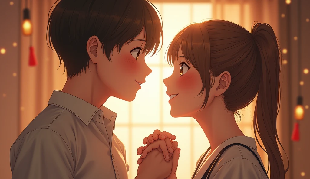 (best quality, masterpiece, ultra detailed, photo realistic), A scene of a teenage Japanese female idol and a teenage Japanese male idol holding hands and smiling.