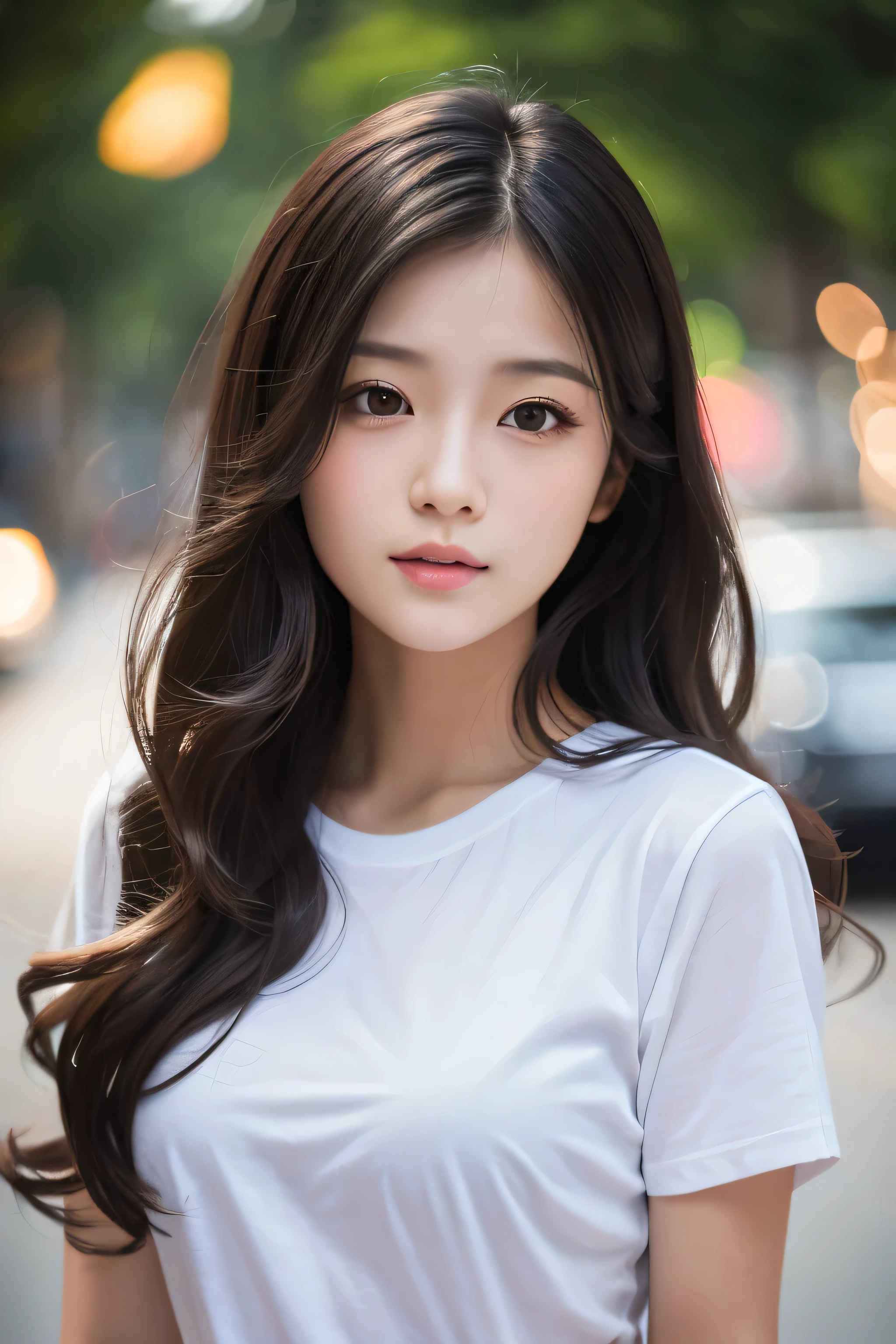 high quality, masterpiece, High resolution, One girl,Realistic,photograph,Bust D cup,Long Black Hair,Loose waves,Center Parting,Background Blur,Soft,Cute Face,,White T-shirt