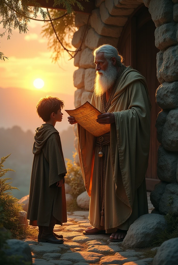 Aryan Returns to the Wise ManPrompt: "As the sun sets, Aryan returns to the wise man, tired but curious. The wise man gestures for Aryan to open the paper. Aryan unfolds it and reads the words: ‘Your value does not decrease based on someone's inability to see your worth.’ The wise man gently explains the meaning