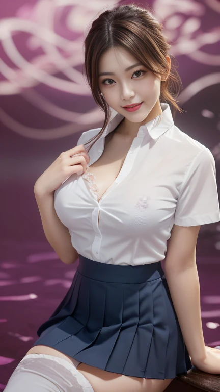 (Top image quality)、(masutepiece)、(The ultra -The high-definition)、(Photorealsitic:1.4)、(reallistic)、(8K picture quality)、Ray tracing、1人の女性、((Very shiny skin))、Looking here、((Clothes that are wet:1.3))、((Sheer school uniform:1.4))、shortsleeves、((very very short skirt:1.4))、(neck tie)、((very large breast:1.3))、((very thin waist:1.3))、skin is wet、Oily skin、((Sweating))、Clothes show through、