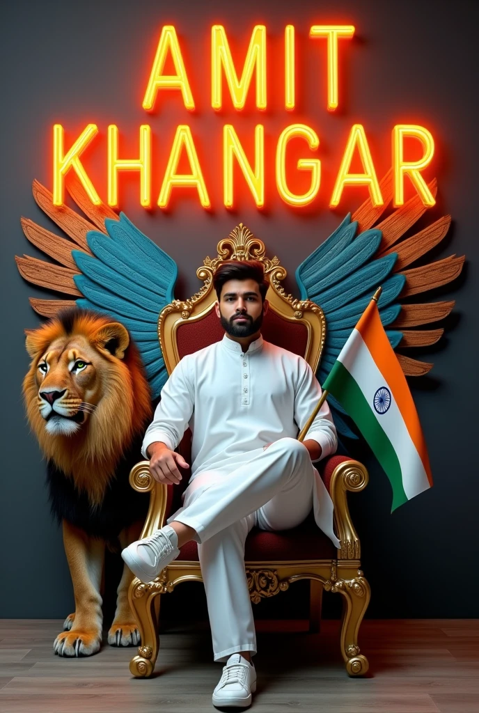 Create a 3D illusion for the profile picture where a cute 25 year old boy in white kurta is sitting comfortably on the chair of the King of Beasts throne. Indian flag in hand And a ferocious lion next to me. Wearing sneakers, he looks ahead. “AMIT KHANGAR” is written in large, orange neon light font on the dark gray wall in the background. He has no shadow and has Indian Tricolor colored wings 4k