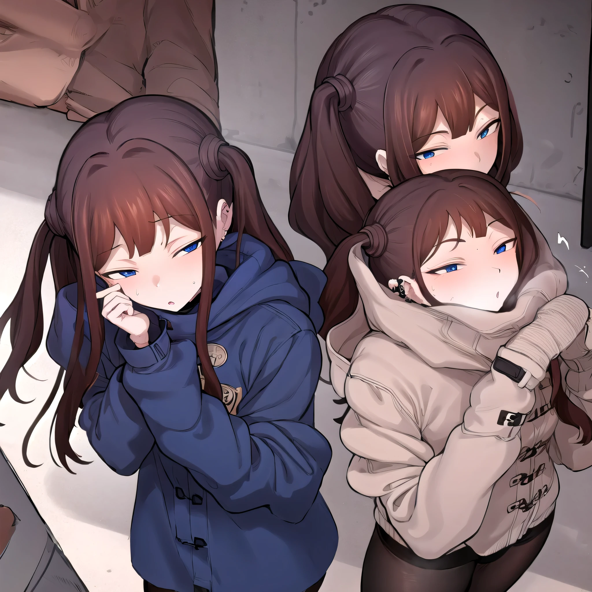 Tsubame NTR, long hair, blue eyes, brown hair, twin tails,
long sleeves, jewelry, pantyhose, earrings, hood, black pantyhose, hoodie, hooded down jacket, ear piercings, watch, blue hoodie,
coat, brown coat, turtleneck