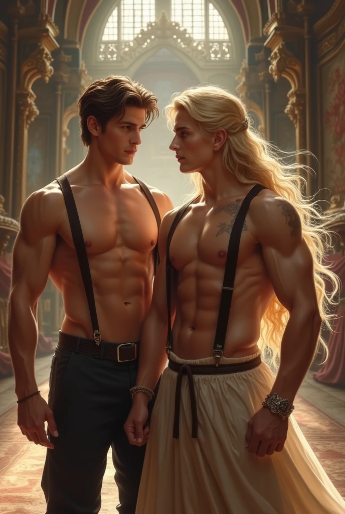 Fantasy Boys, two young 22 years old brown haired handsome men wearing suspenders shirtless and a blonde princess from behind full body in a castle