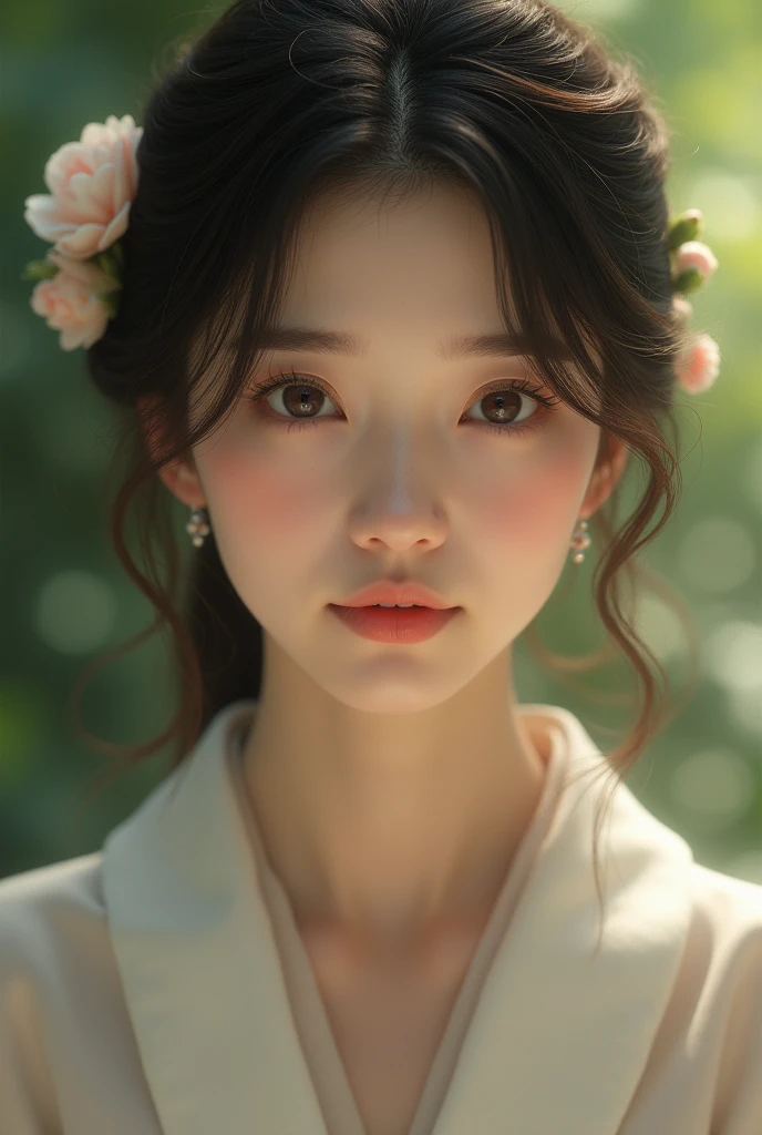 An elegantly dressed Japanese woman in natural light、A close-up of her chest and calm expression.、It shows her inner peace and outer charm.。