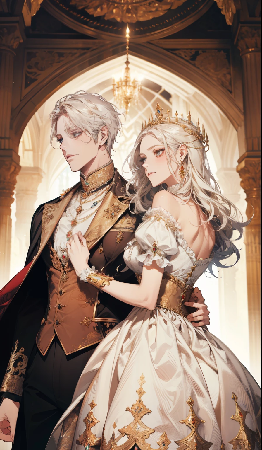 fantasia, 19th-century, empress, mulher, rosto delicado, cabelo longo castanho claro, olhos azuis, em um vestido real branco com ombros abertos, gold patterns on fabric, crystal jewelry, com uma fita escarlate no ombro com os trajes do monarca, Gothic castle made of white stone in the background, luz, dia, High definition