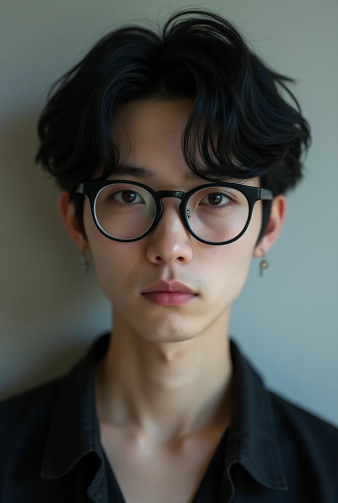 Black Hair　Black-rimmed glasses　Fair skin　Japanese man profile　Drooping eyes