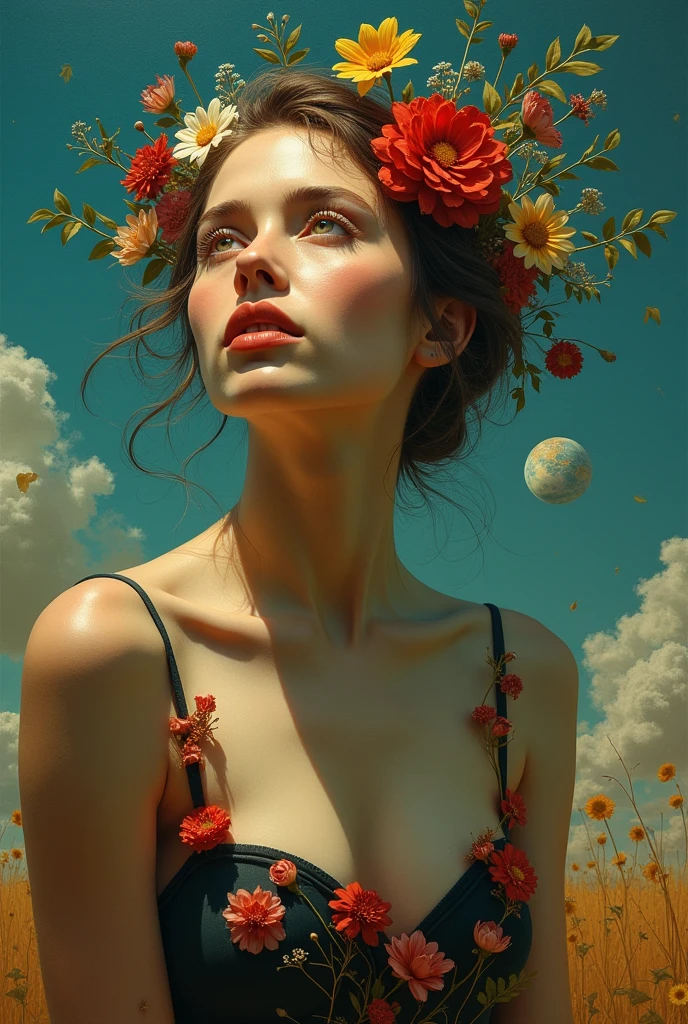 I am the last surrealist painting that exists on this planet, the last work of art that represents a beautiful woman full of hope wrapped in an unreal world full of strange things., The message I want to leave is that art once existed , real very real , 24k unique piece rule of thirds cinema lighting finishes like photoshop and colors of a work of art great depth of field difference of 3d planes
