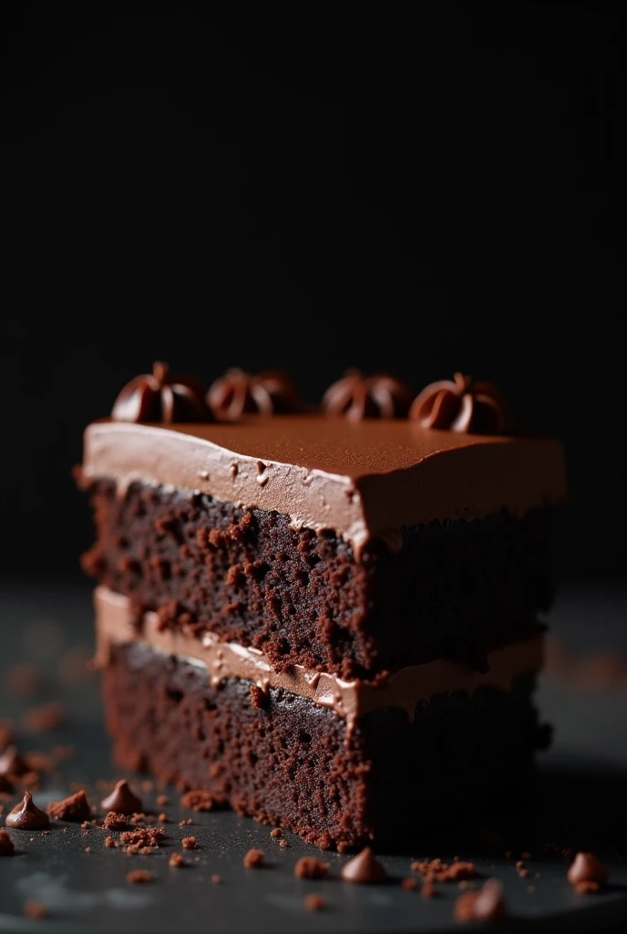 cinematic film still chocolate, chocolate cake, dark background, quality photo, moist texture, frosting, studio photo, slice . shallow depth of field, vignette, highly detailed, high budget, bokeh, cinemascope, moody, epic, gorgeous, film grain, grainy