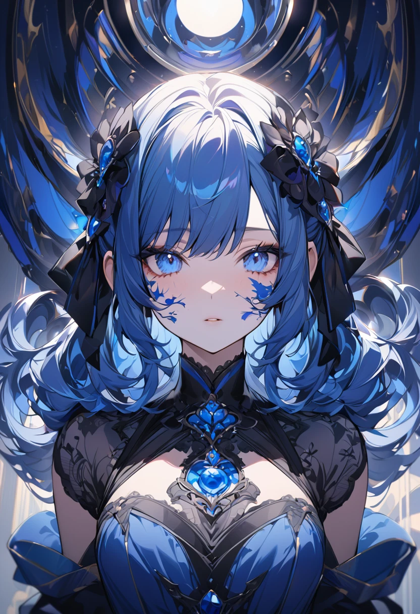 (Digital Art:0.2),(Highest quality),(masterpiece),Delicately painted face,Girl with a beautiful face,Beautiful and exquisite blue eyes,Gothic Fashion,((Black and blue costume)),(Beautiful silky blue hair:1.2),Black ribbon hair ornament,Cinema Lighting,Abstract,Beautiful artistic illustration、Character portrait、Facing forward、vtuber